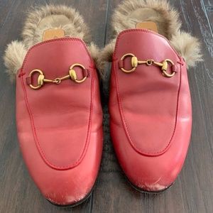 Gucci Red Leather Fur Princetown Mules Shoes 37